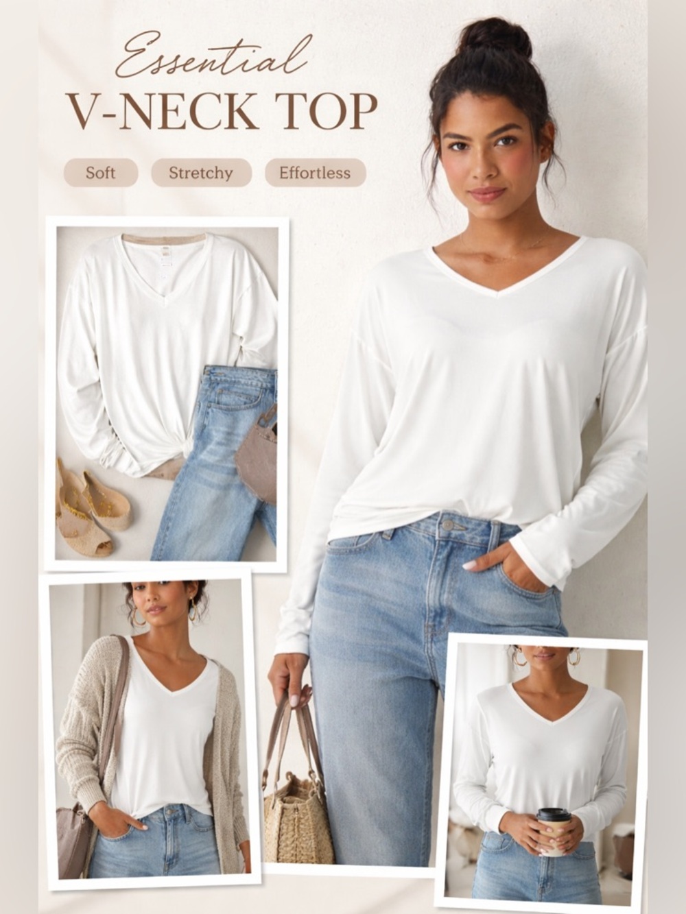 Halara V-Neck Long Sleeve Casual Top White Small NWT Soft Stretch Basic‎